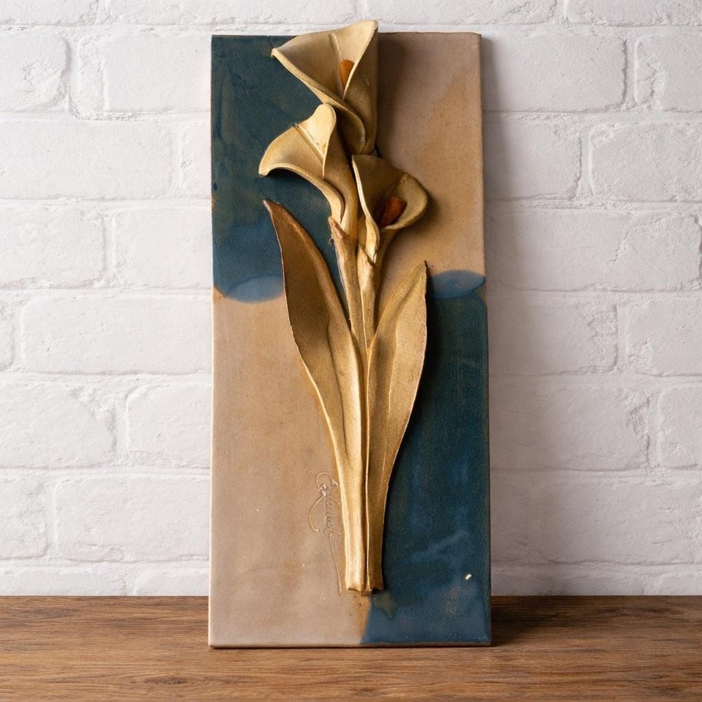 Elaine Lamb Calla Lily Ceramic Wall Plaque Signed Mud Mothers Pottery Ohio 1980s
